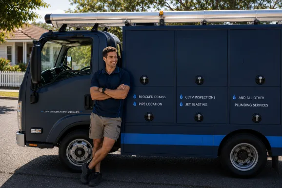 Plumber standing beside a service van in Collaroy